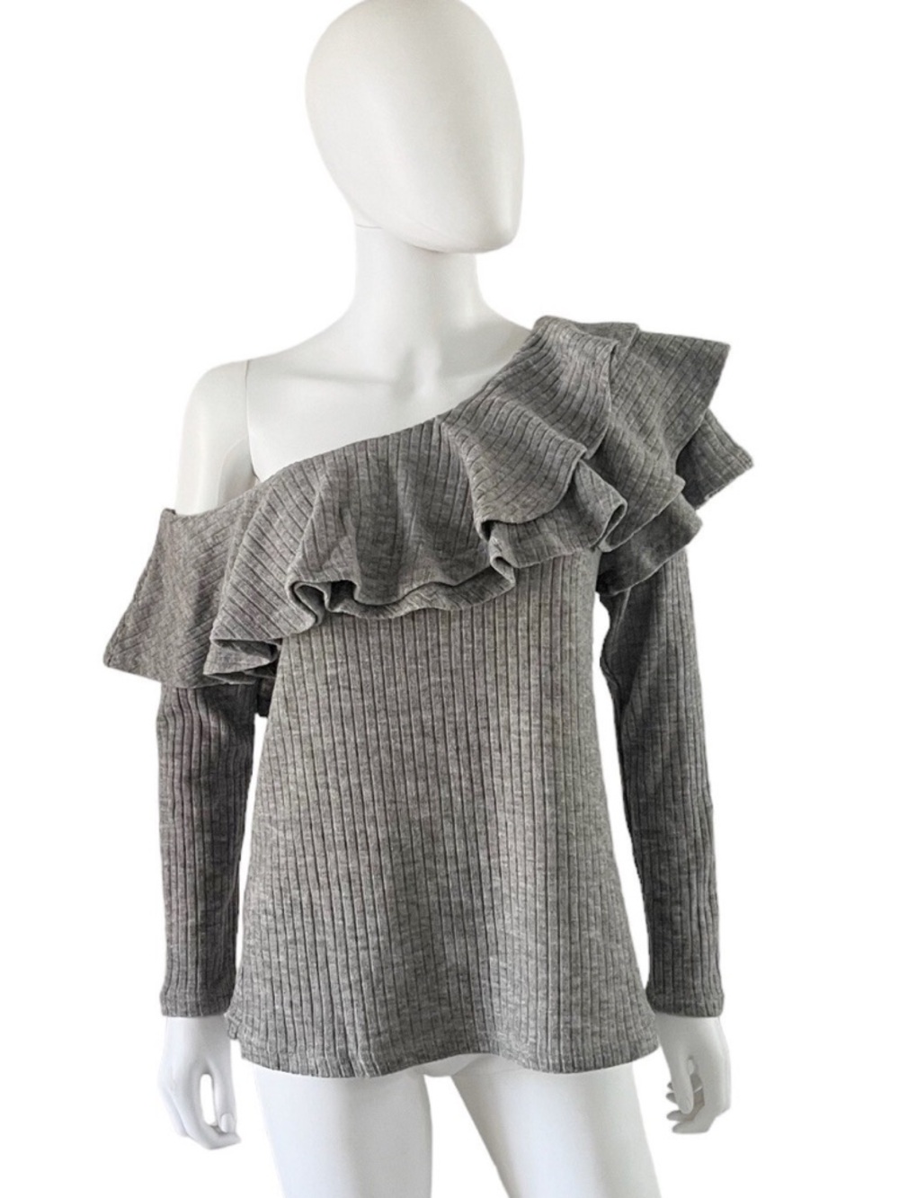 Ribbed Knit Off-Shoulder Ruffle Sweater